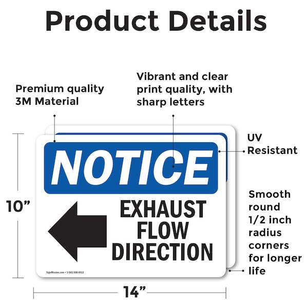 Exhaust Flow Direction [Left Arrow] Sign With Symbol, 14 In W X Rectangle, Vinyl Decal